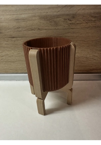 3d Baskı Ayaklı Çizgili Saksı - Bej Standlı Dekoratif Saksı - Kahverengi