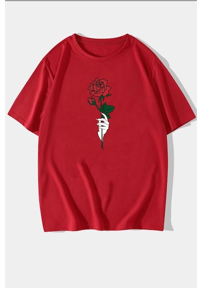 Unisex Rose Baskılı T-shirt Kırmızı