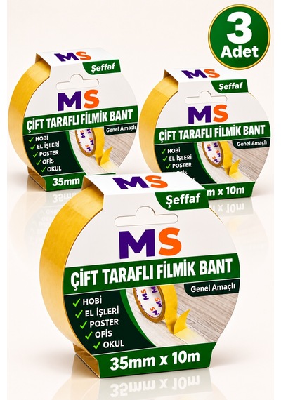 3 Adet Çift Taraflı Filmik Şeffaf Bant 35 Mm X 10 Metre Yapışkanlı Hobi Bandı El Çok Amaçlı Bantları