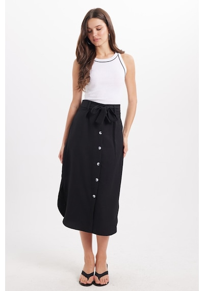 Tudors Kadın Slim Fit Dar Kesim Pileli Pamuklu Ön Düğme Kapamalı Kuşaklı Yırtmaçlı Siyah Etek -50946