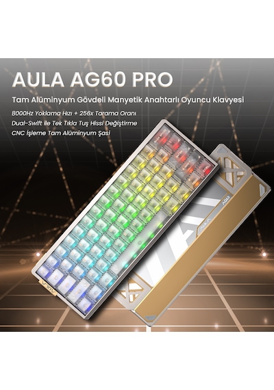 Aula Ag60 Pro Alüminyum Manyetik Klavye Hall Effect Aether Switch 8000hz Rgb Tkl Hot Swap Oyuncu Klavyesi Şeffaf