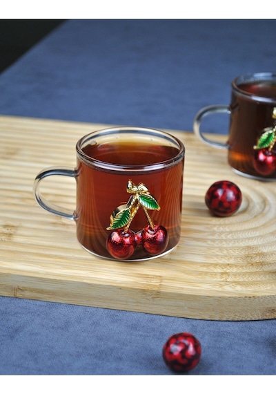 2'li Kirazlı Cam Mini Kupa Kiraz Çay Bardağı 130 Ml Kahve Fincanı Yılbaşı Şeffaf