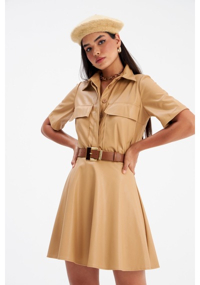 Sateen Kloş Mini Deri Etek - Bej