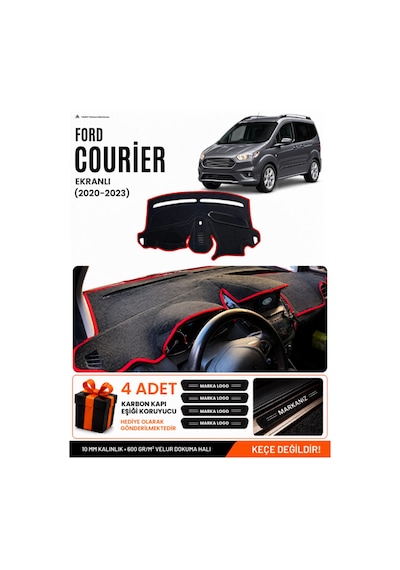 Ford Courier 2020-2023 Ekranlı Uyumlu Torpido Örtüsü, Torpido Kılıfı - Siyah-kırmızı - Fo005