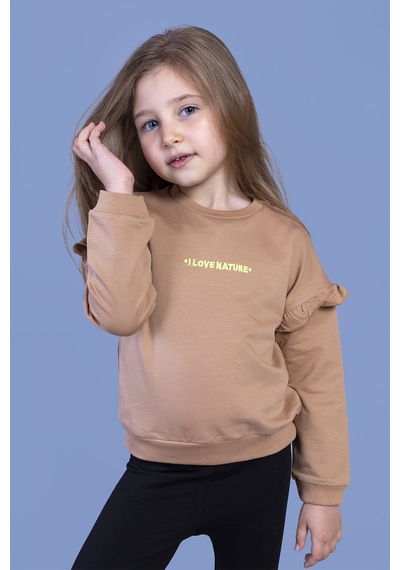 Toontoy Kız Çocuk Kolları Fırfır Detaylı Nakışlı Sweatshirt Kahverengi