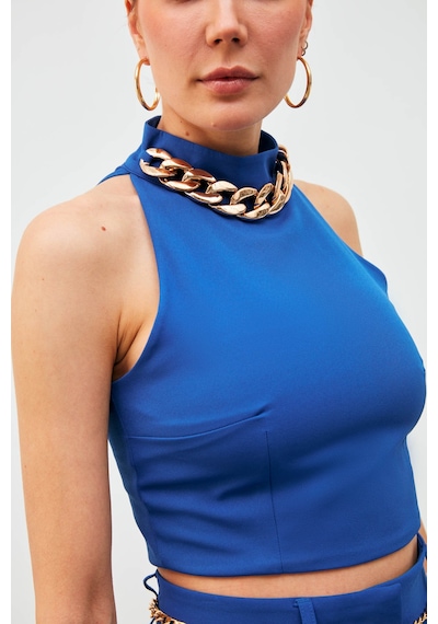 Sateen Zincir Aksesuarlı Crop Bluz - Sax Mavi Saks Mavisi