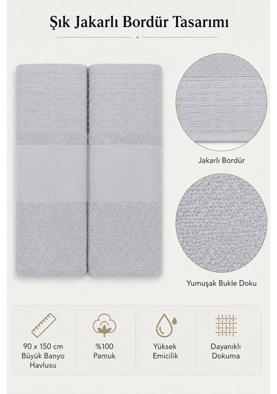 2'li Büyük Boy Banyo Havlusu 90x150 Cm %100 Pamuk Siena Collection 650 Gr Açık Gri