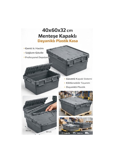 9lu 40 60 32 Cm Gri Menteşe Kapaklı Plastik Kasa