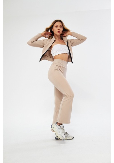 Lesa Wear İçi Polarlı Yumuşacık Şardonlu Kaşkorse Crop Likralı Hırka Bej