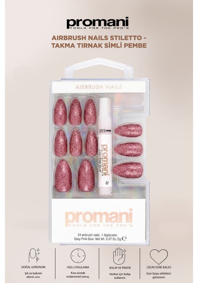 Airbrush Nails Stiletto - Takma Tırnak Simli Pembe