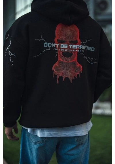 Assema Erkek Üç İplik Kapüşonlu Baskılı Oversize Sweatshirt- Siyah Çok Renkli