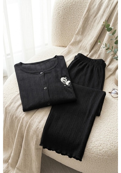 Mataş Kadın Ayıcık Desenli Bambu Viskon Kısa Kollu Yumuşak Soft Örme Pijama Takımı Siyah