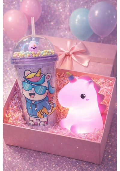 2 Li Set Işıklı Renkli Unicorn Figürlü Gece Lambası & Pipetli Boncuk Detaylı Suluk Bardak Mor 450 Ml Set
