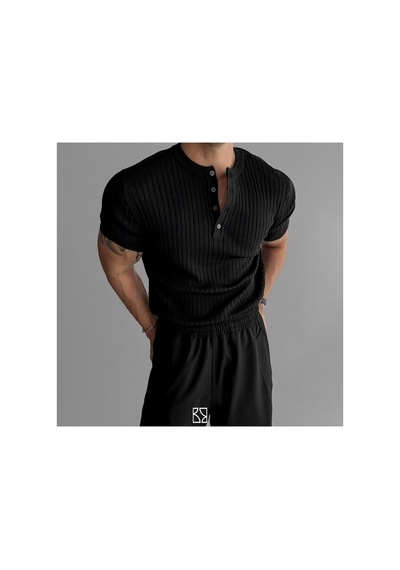 Cool Tarz Erkek Slim Dar Hakim Yaka Düz Triko T-shirt Haki Haki
