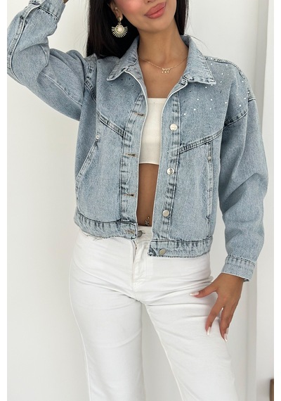 Kadın Taş Detaylı Denim Ceket Astarsız & Cool Model Mavi