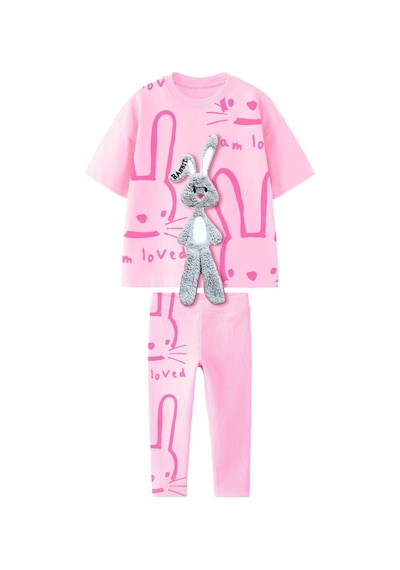Monila Kız Çocuk Pamuklu Kumaş 3 Boyutlu Peluş Tavşan Detaylı Tshirt Tayt Alt Üst Takım Pembe