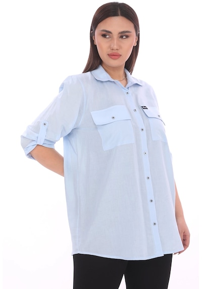 Lady Majestic %100 Cotton Büyük Beden Natural Gömlek - Mavi
