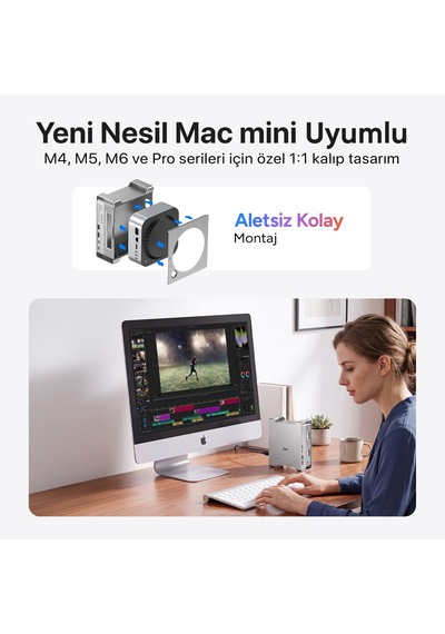 Juo Mac Mini M6, M5 Pro, M4 İçin Dock Station Nvme Ssd Kutusu Usb Çoklayıcı Hub 10gbps 4k 60hz Hdmı Sd/tf 4.0 Kart Okuyucu 100w Pd Alüminyum Stand