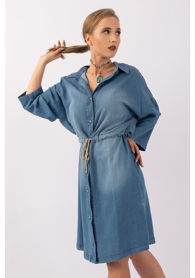 Bold & Young Kadın Lyocel Denim Kol Britli Kordonlu Elbise Mavi