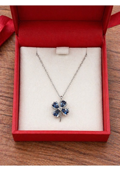 Çekirdekjewelry Mavi Taşlı Yonca Kolye 925 Ayar Gümüş Zarif Kadın Kolyesi Gri