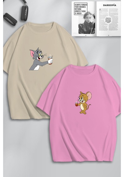 Unisex Kadın Erkek Tom Ve Jerry Çay Baskılı Sevgili Çift Kombini Tasarım Oversize Tshirt 2li Bej Pembe Mck0469 Çok Renkli