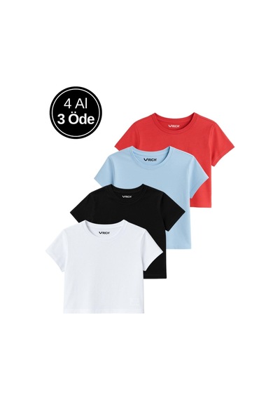 Kadın 4'lü Paket Oversize Crop Tişört %100 Pamuk Bisiklet Yaka T-shirt Mavi