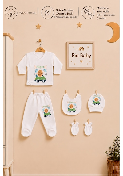 Pia Baby İsimli Erkek Bebek Zıbın Seti 5 Parça %100 Pamuk Kişiye Özel Organik Baskı 2007z3x Krem