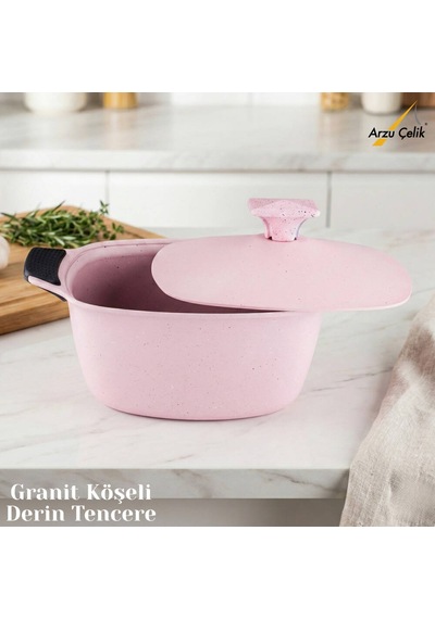 24 Cm Granit Köşeli Derin Tencere Alüminyum Kapak - Pembe Pembe
