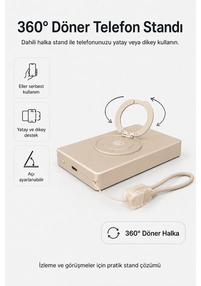 Ym307 10000 Mah Manyetik Kablosuz Powerbank 25w Pd Hızlı Şarj, 15w Kablosuz Şarj Ve 360 Döner Stand Gold