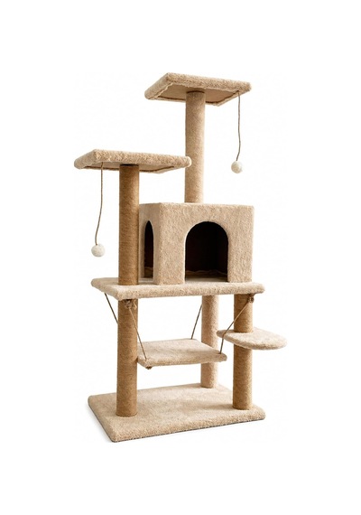 Çok Katlı Kedi Tırmalama Evi, 115 Cm Yüksek Geniş Salıncaklı Komple Kumaş Kaplı 1 Büyük Yuvalı 2 Oturaklı K