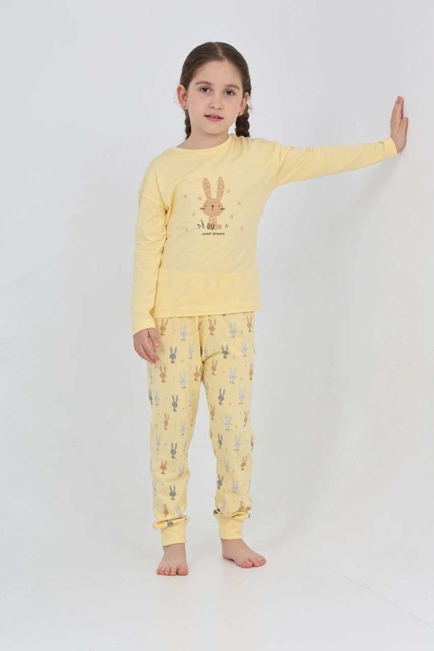 Toontoy Kız Çocuk Tavşan Baskılı Pijama Takım Sarı