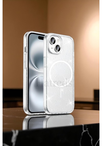Apple İphone 15 Kılıf M-safe Şarj Özellikli Parlayan Simli Saydam Renkli Maris Kapak