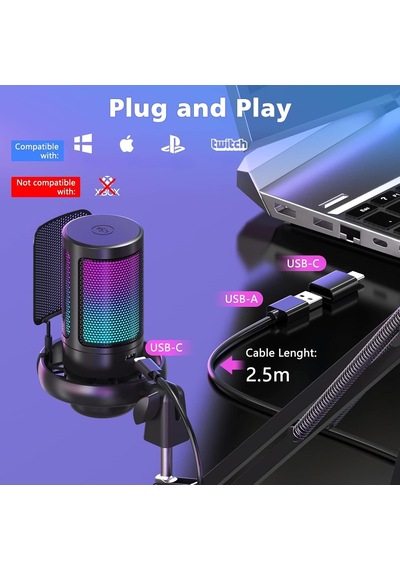 Profesyonel Rgb Oyuncu Mikrofonu, Pürüzsüz Net Ses Performanslı Otomatik Değişen Rgb Işıklı Akrobat Ayarlanabil