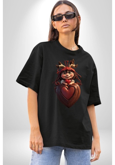 Çikolata Kız Kalbi Pamuklu Bisiklet Yaka Unisex Oversize Boyfriend Dijital Baskılı Siyah T-shirt Siyah