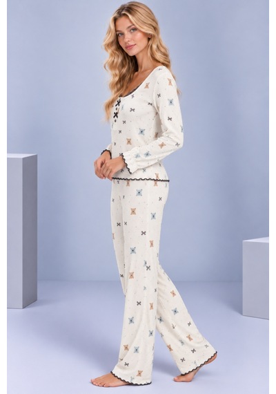 Pijamask Kadın Desenli Dantel Detaylı Fiyonk Ve Düğmeli Uzun Kollu Pijama Takımı Beyaz-22