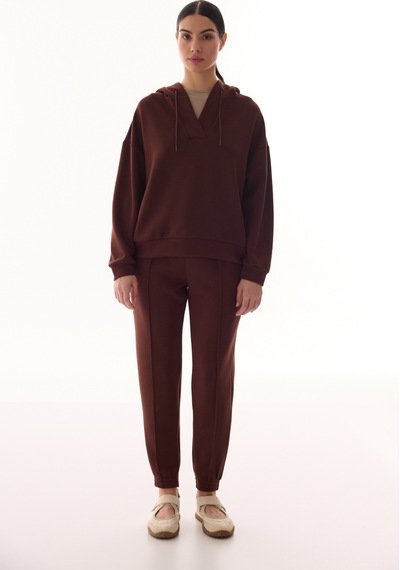 Penti Kahverengi V Yaka Oversize Kapüşonlu Sweatshirt