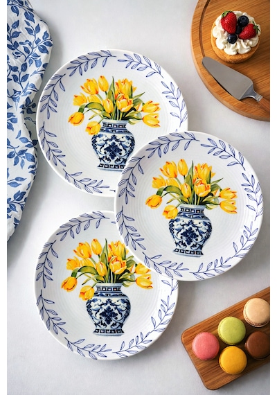Grandora Vazo Ve Çiçek Desenli 6 Adet, 20 Cm Modern Pasta Tatlı Tabağı Seti Şık Kahvaltılık Tabak Sarı