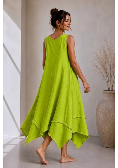 Bb Butik Basic İtalyan Keten V Yaka Asimetrik Salaş Elbise Dm0935 Olive