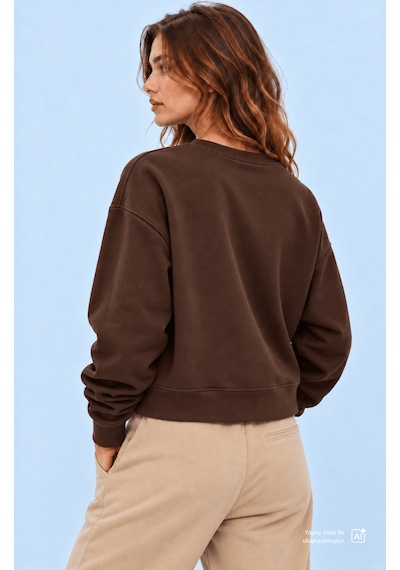 UCLA Cardı Koyu Kahve Baskılı Pamuk Bisiklet Yaka Loose Fit Kadın Sweatshirt Koyu Kahverengi