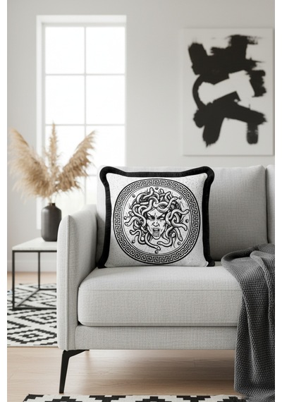 Mitolojik Medusa Figürlü Saçaklı Yastık Kılıfı - Yunan Esintili Modern Siyah Püsküllü Kırlent Kılıfı Doygun Fırtına Aqua Mitolojik Medusa Figürlü Saçaklı Yastık Kılıfı - Yunan Esintili Modern Siyah Püsküllü Kırlent Kılıfı Doygun Fırtına Aqua