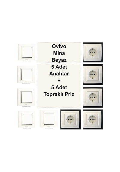 Ovivo Mina Beyaz 5 Adet Anahtar + 5 Adet Topraklı Priz