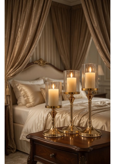 Lumina Gold Royale Şamdan Seti Sırasıyla 39 - 34 - 29cm / Dekoratif Masa Şamdanı Salon & Yemek Masası Mumluk Eskitme Gold