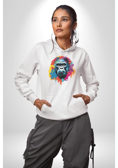 Renkli Maymun Goril Kadın Erkek Beyaz Kapüşonlu Sweatshirt Hoodie Beyaz