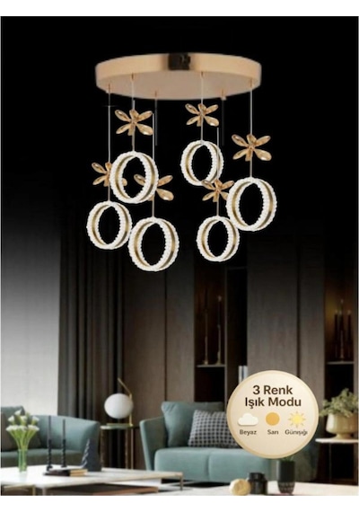 Zero Model 6"lı Kristal Taşlı Gold 3 Renk Modu Ledli Salon Mutfak Oturma Odası Sarkıt Led Avize Metalik
