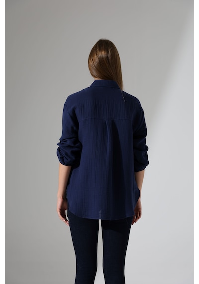 Oversize Basic Müslin Gömlek Lacivert