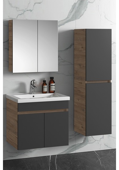 Çiğdem 65+35 Cm Atlantik Çam- Antrasit Gri Mat Mdf Seramik Lavabo Antrasit - Atlantik Çam
