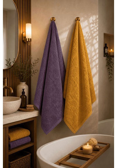 2'li Jakarlı Büyük Boy Banyo Havlusu 90x150 Cm %100 Pamuk Lorea 650 Gr Hardal-mor