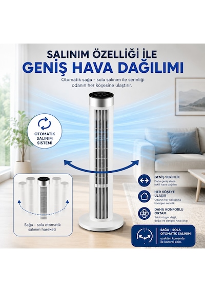 Amazon Başlık 39 İnç Kule Tipi Vantilatör, Uzaktan Kumandalı, 45w Güçlü Motor, 3 Hız Kademesi, 3 Modlu, Led Dokunmatik Ekran, Salınımlı, Sessiz Çalışma, 7.5 Saat Zamanlayıcı, Beyaz