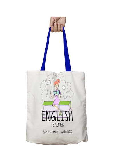 Art Hediye Mavi Kulplu Kişiye Özel English Teacher Book Yıkanabilir Omuz Çanta Çok Renkli