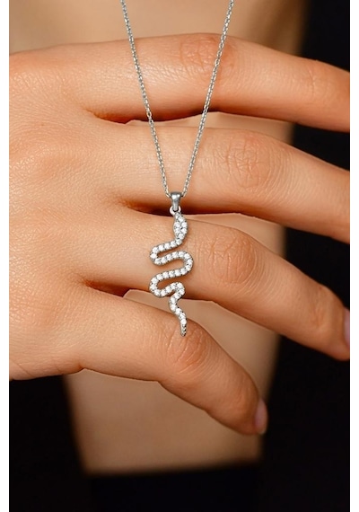 Roza Silver  Zirkon Taşlı Rodyum Yılan Gümüş Kolye